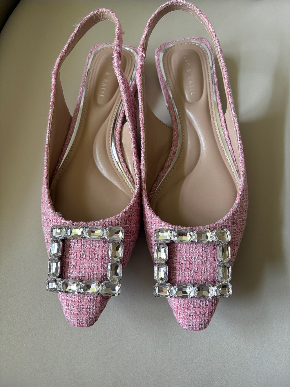 Kelly & Katie Pink Tweed Slingback Flats with Crystal Buckle Accent